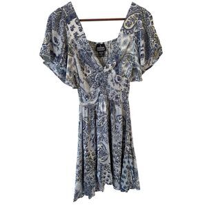 Y2K Milkmaid Babydoll Tiered Top Dress Blue S Floral Smocked Peasant Boho Dainty